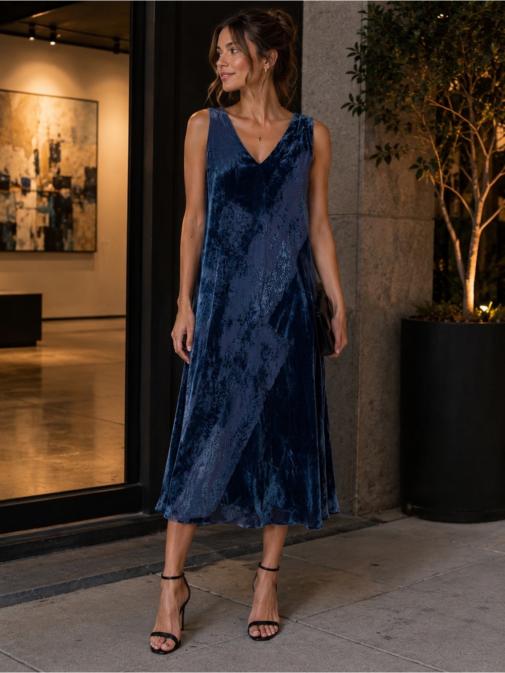 Donna Karan Velvet Burnout Midi Dress Blue Sleeveless‎ Lined Cocktail Dress